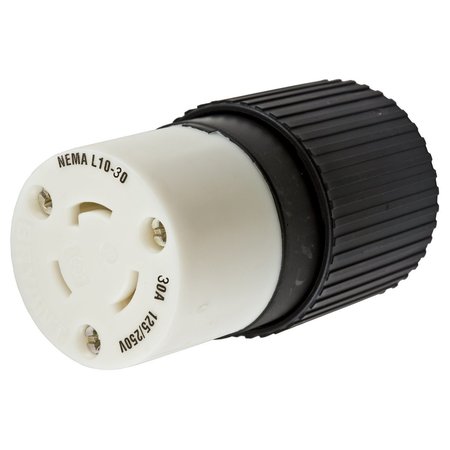 HUBBELL WIRING DEVICE-KELLEMS Locking Devices, Twist-Lock®, Insulgrip® Connector, 30A, 125/250V AC, 3 Pole, 3 Wire Non-Grounding, NEMA L10-30R, Black and white nylon HBL2663